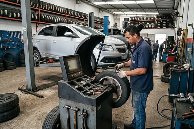 Carro em processo de balanceamento de rodas em uma borracharia.