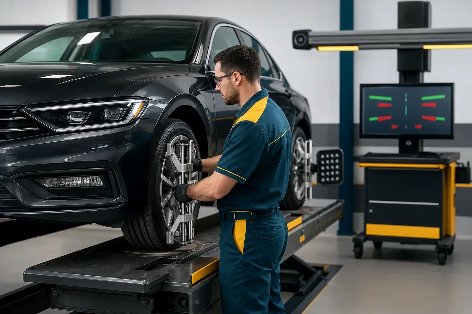 Profissional alinhando as rodas de um veículo utilizando equipamentos específicos.
