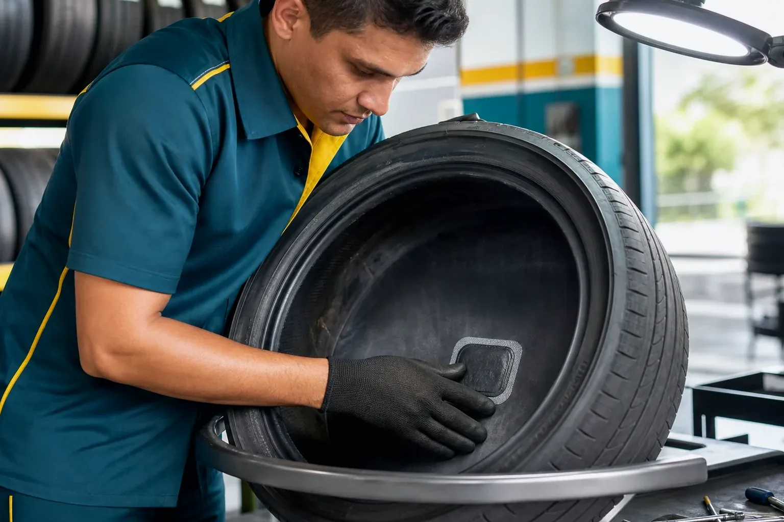 Profissional consertando um pneu em uma borracharia com ferramentas especializadas.