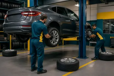 Profissional realizando rodízio de pneus em um carro em uma borracharia.
