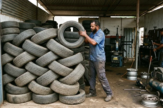 Técnico preparando pneus para rodízio em uma borracharia.