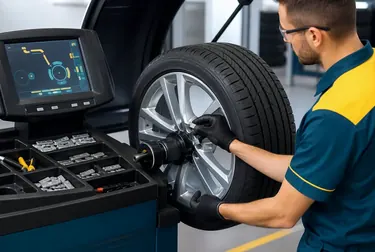 Técnico realizando balanceamento das rodas de um carro em uma borracharia.