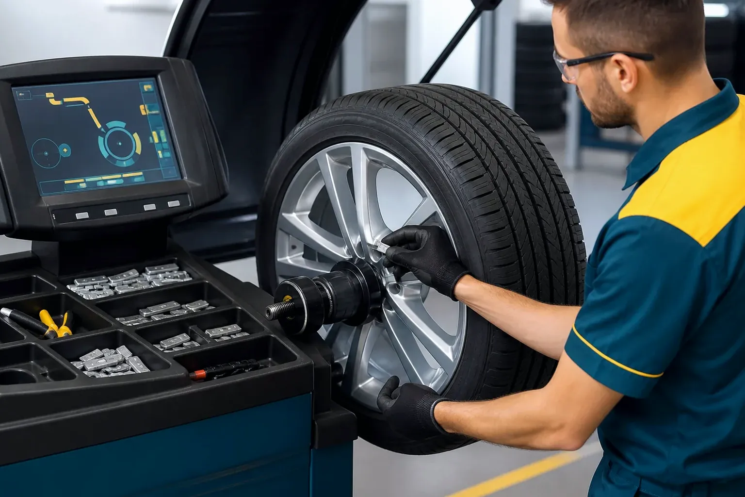 Técnico realizando balanceamento das rodas de um carro em uma borracharia.