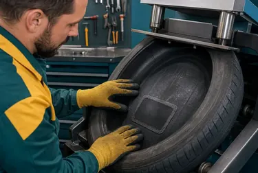 Técnico reparando um pneu com vulcanização em uma borracharia.