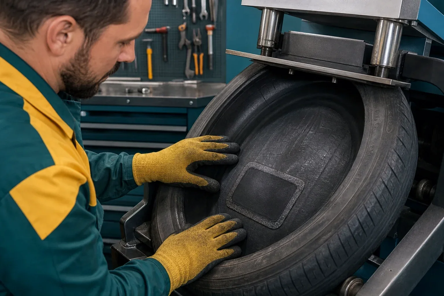 Técnico reparando um pneu com vulcanização em uma borracharia.