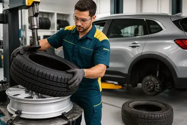 Técnico trocando um pneu de um carro em uma borracharia.