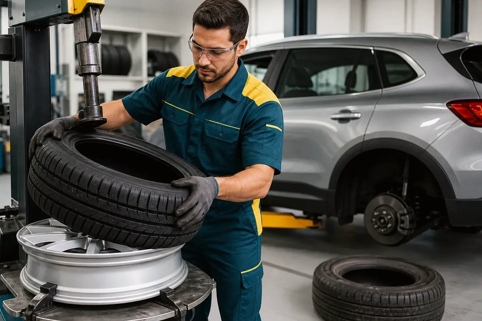 Técnico trocando um pneu de um carro em uma borracharia.